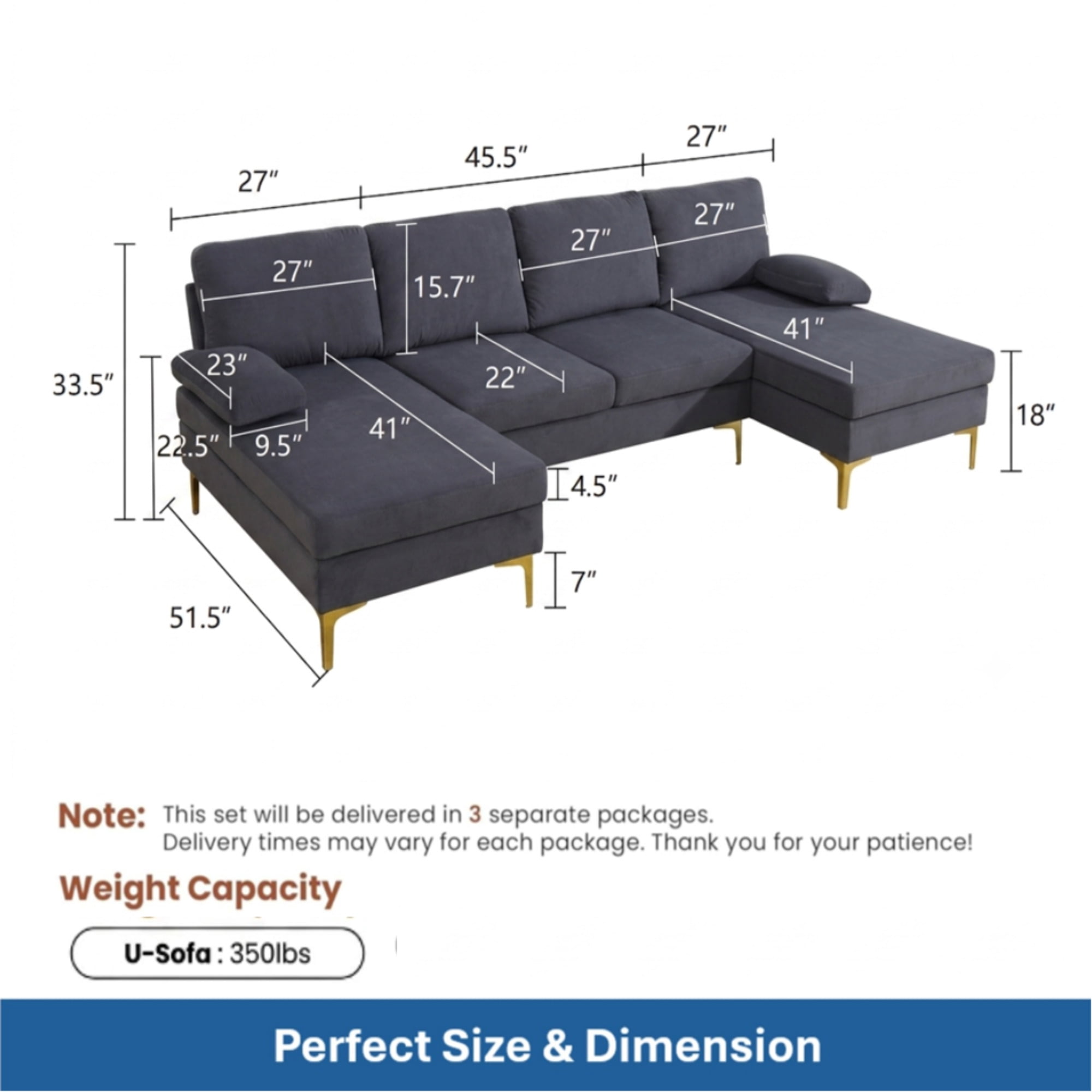 Howcool 99.5" U-Shaped Sectional Sofa with Double Chaise,4-Seater Couch with Gold Legs for Living Room,Black Gery