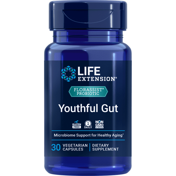 Life Extension FLORASSIST® Probiotic Youthful Gut, healthy aging supplement, postbiotic and probiotic blend, heart and gut health, non-GMO, 1-daily, gluten-free, vegetarian, 30 capsules