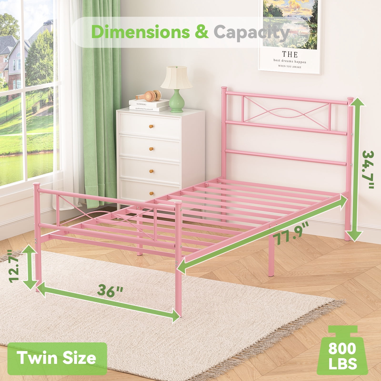 Mintazer Kids Twin Metal Platform Bed Frame with Cute Bowknot Headboard & Footboard for Boys Girls Teens, Pink