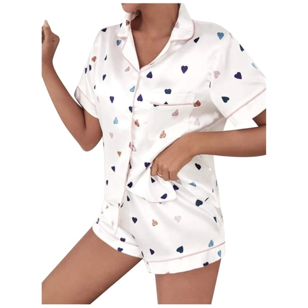 Lencería sexy para mujer Satén Amor Impreso Tentación Babydoll Ropa interior Camisas de manga corta Tops Ropa de dormir Calzoncillos Traje Fridja nalpqowj43492