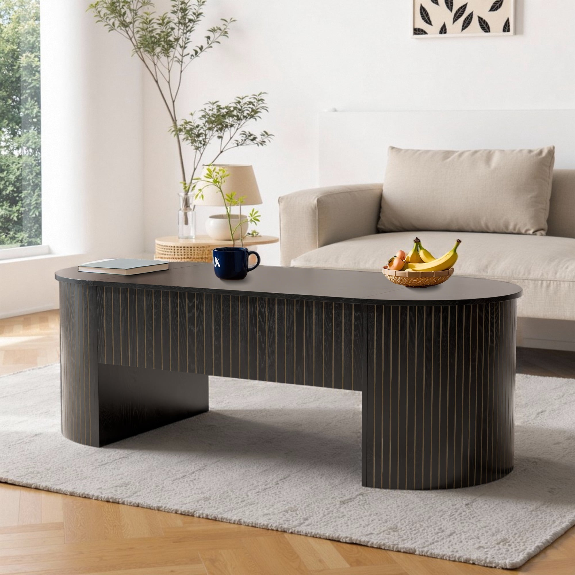 Oubayajia Fluted Coffee Table with Lifting Top and Hidden Storage, Mid Century Modern Coffee Table for Living Room, Office, Black
