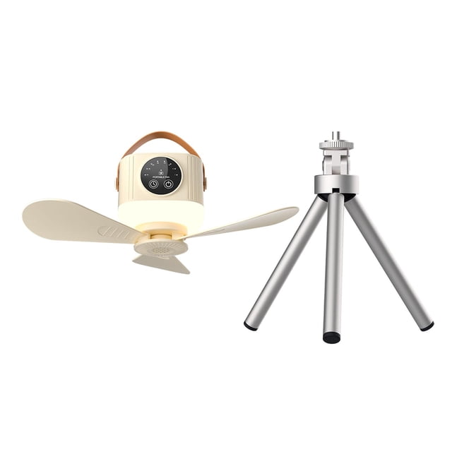 Ventilador de techo portátil con luz LED multifuncional, recargable por USB y ajustable. Crema