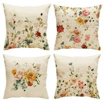 18” x 18” Farmhouse Floral Flax Decorative Pillow Case, Invisible Zipper (4 Count)