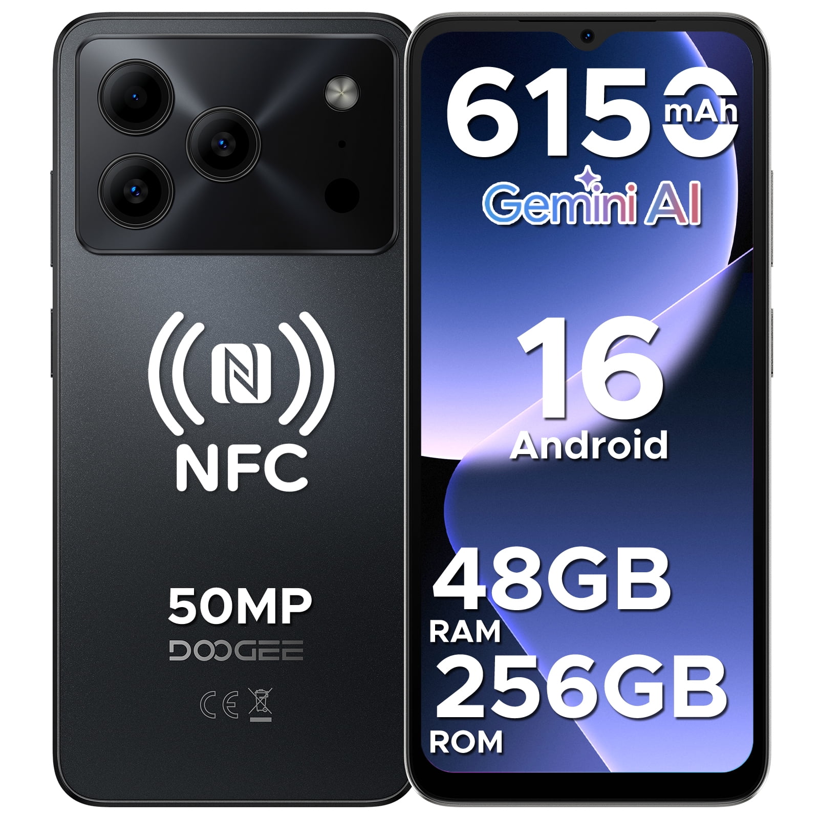 DOOGEE Android 16 Cell Phone Unlocked 48GB+256GB,Dual SIM Unlocked Phone with Gemini AI,50Mp+8Mp,6.56"HD+ 90Hz Display,6150mAh Battery,NFC
