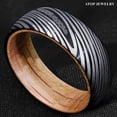 thumbnail image 3 of Tungsten Rings for Men Wedding Bands for Him Womens Wedding Bands for Her 8mm Black Damascus Steel with Whiskey Barrel Wood Sleeve Rings, 3 of 7