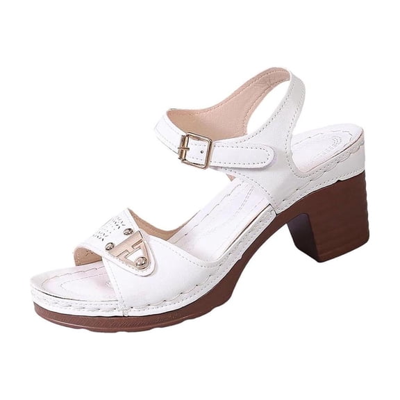 KIJBLAE Women's Plus Size Peep Toe High Block Heel Sandals, Adjustable Buckle Casual Style, Comfortable Trendy Outdoor Beach Summer Shoes White 37