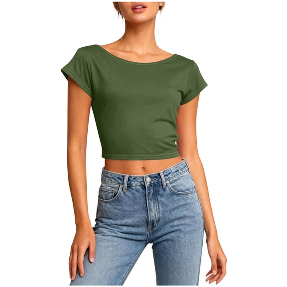 YUGYXL Open Back Tops for Women Loose Fit Short Sleeve Blackless Tee Shirts Casual Workout Athletic Gym Cute Tshirt Crop Top Army Green S