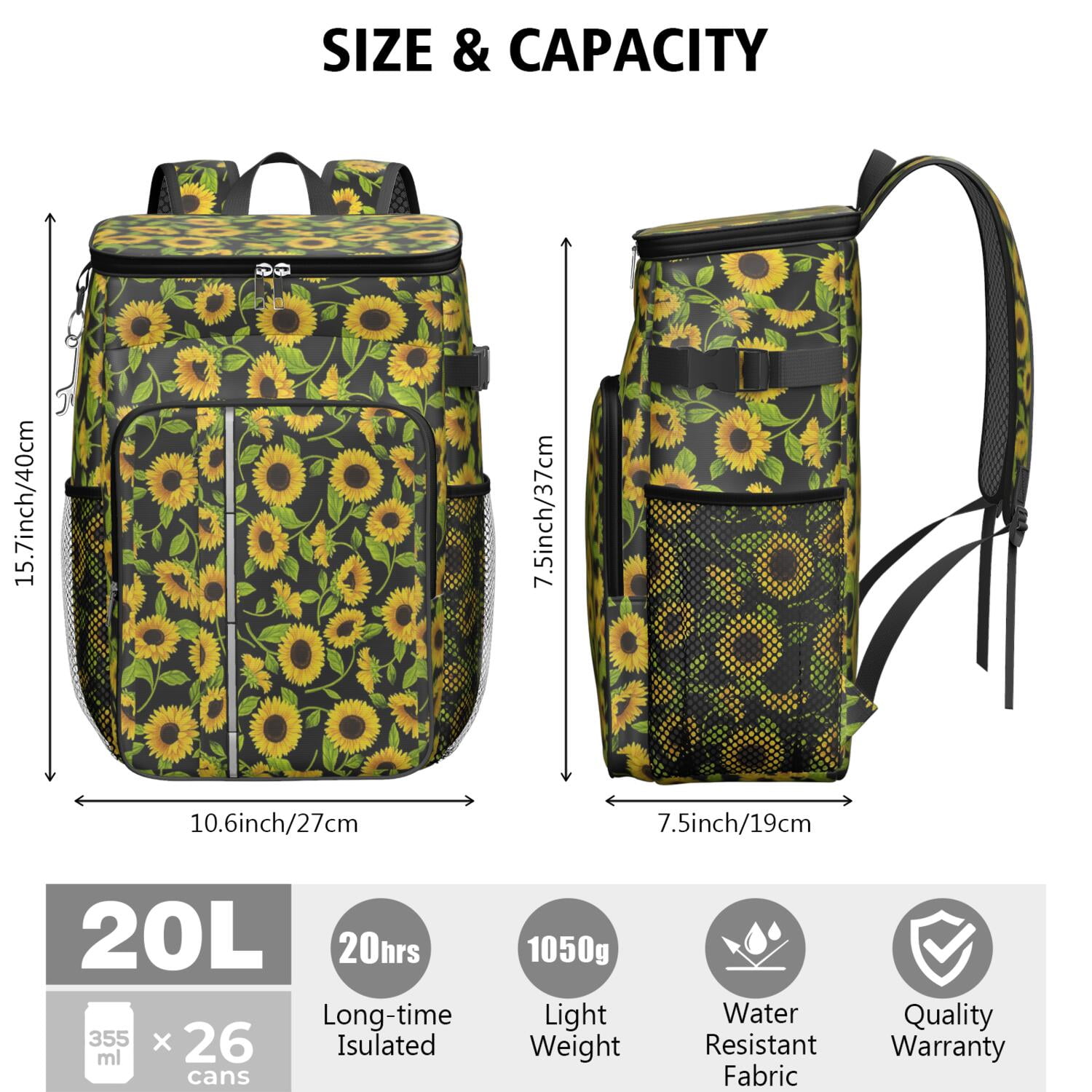 Travel Cooler Bag - Black Sunflower Camping Beer Cooler Backpack with Bottle Opener- Waterproof Insulated Picnic Backpacks - Cooler Bag for Beach