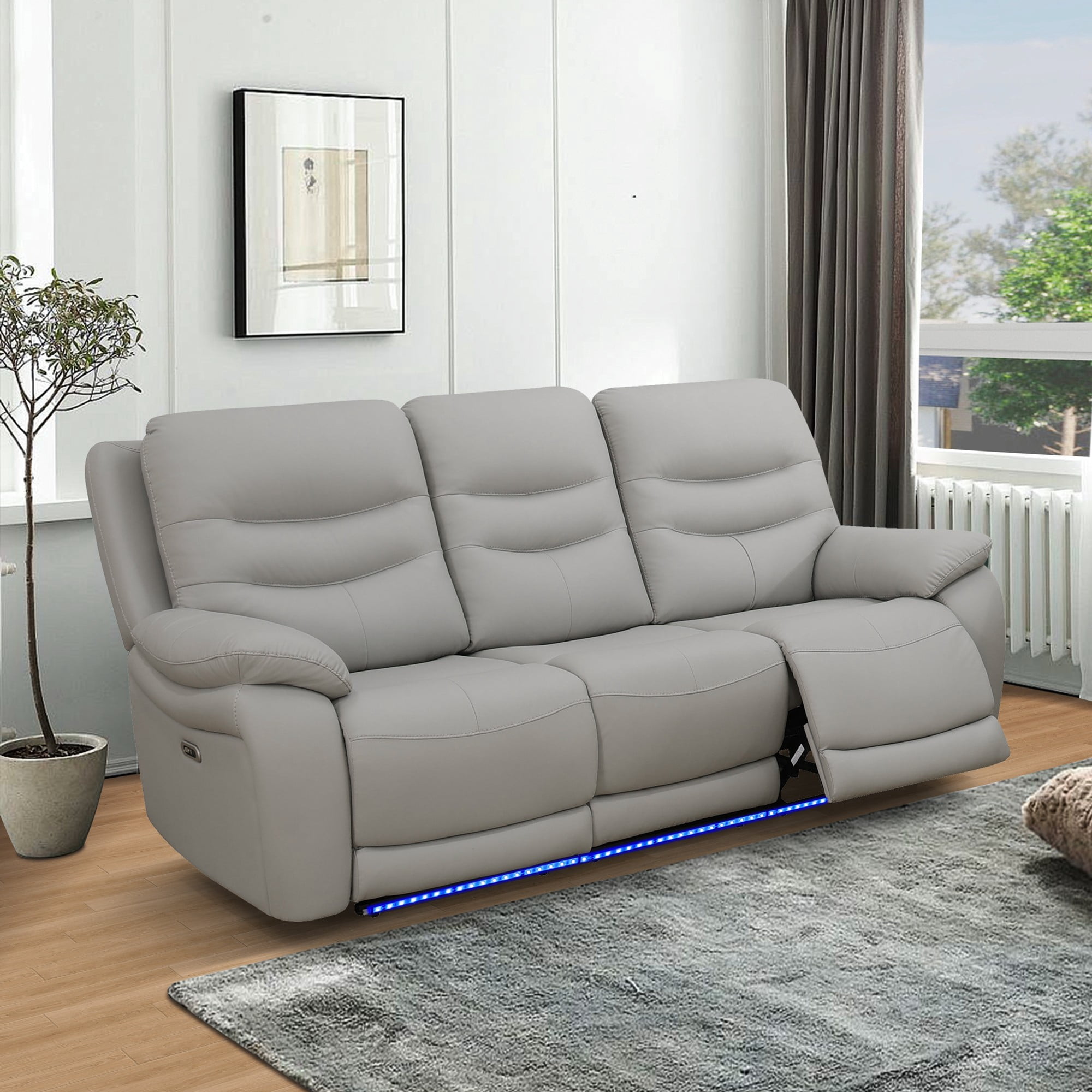 Gewnee 3‑Seat Power Recliner Sofa, Air Leather, Adjustable Recline Angle, USB‑C & USB Ports, LED Ambient Light for Living Room Home Theatre，Light Gray