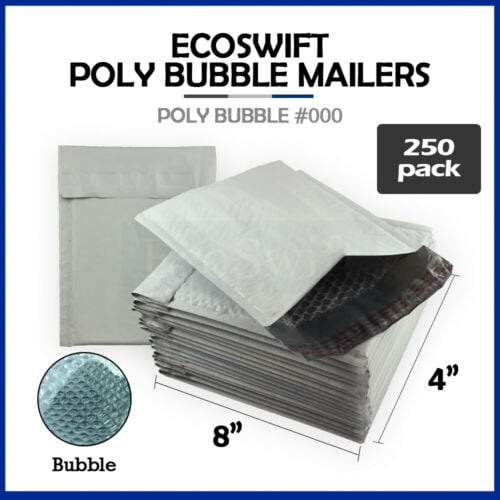 250 EcoSwift Size #000 4x8 Poly Bubble Mailers Self Sealing Bulk Padded Shipping Supplies Packaging Materials Envelopes Bags 4 x 8 inches 