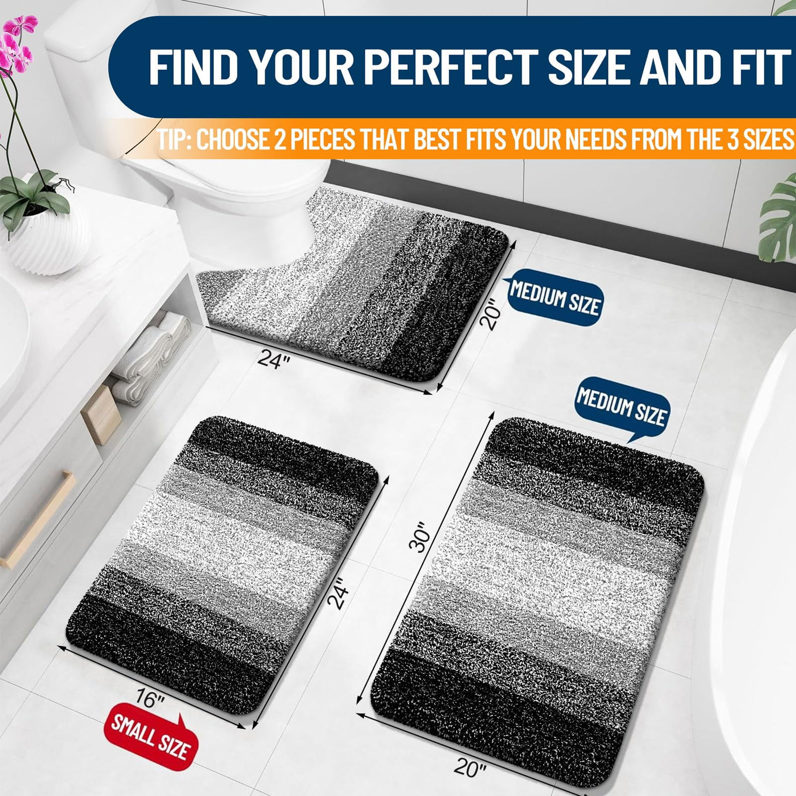 Buganda Bathroom Rugs Sets 2 Pieces, Soft Absorbent Microfiber Bath Mats, Non-Slip Machine Washable Bath Carpets (30"x20"+24"x16", Black)