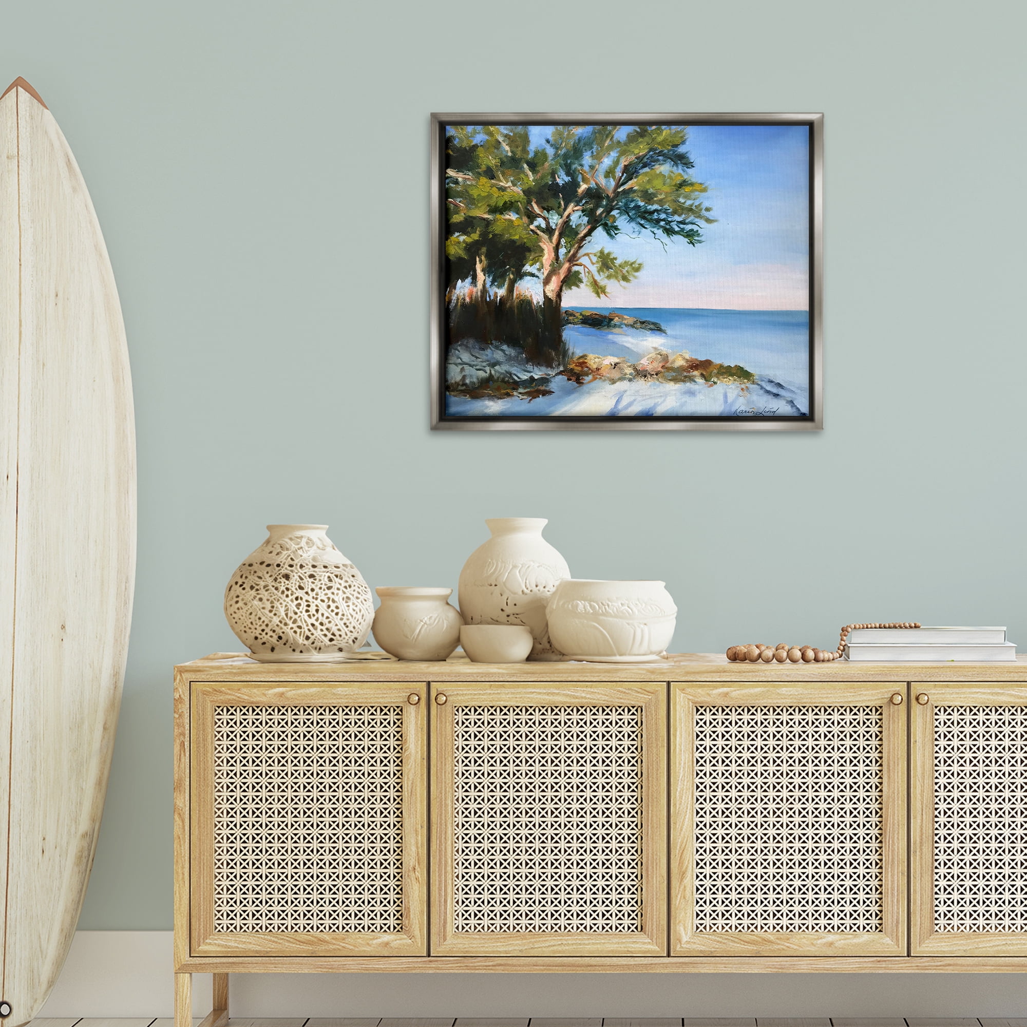 Stupell Industries White Sand Beach Landscape Painting Gray Floater Framed Canvas Art Print Wall Art, 31 x 25