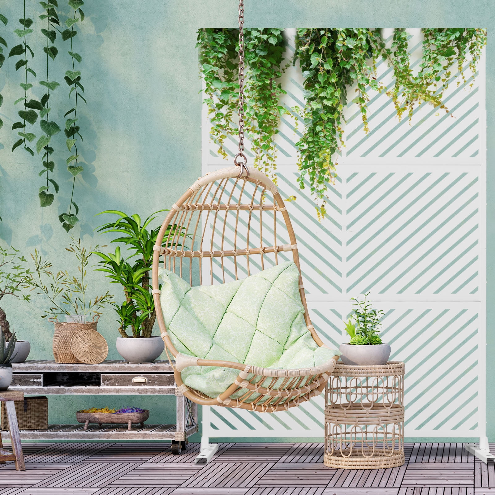 MAYEERTY 72*47" Outdoor White Metal Privacy Panel Screen for Patio, Parallel Line Pattern