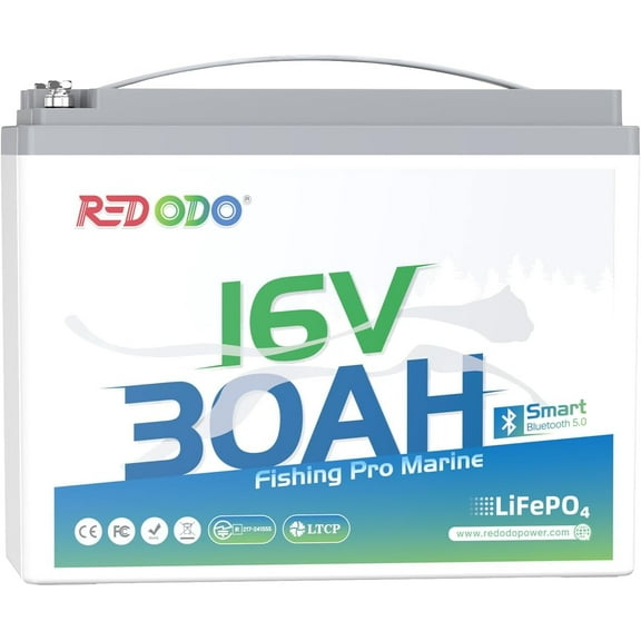 Redodo 16V 30Ah Lithium Marine Battery with Bluetooth, LiFePO4 Battery Built-in BMS, 4000 Deep Cycle Rechargeable Lithium Battery, Perfect for Marine Devices such as Sonar, Radar, GPS, Fish Finder