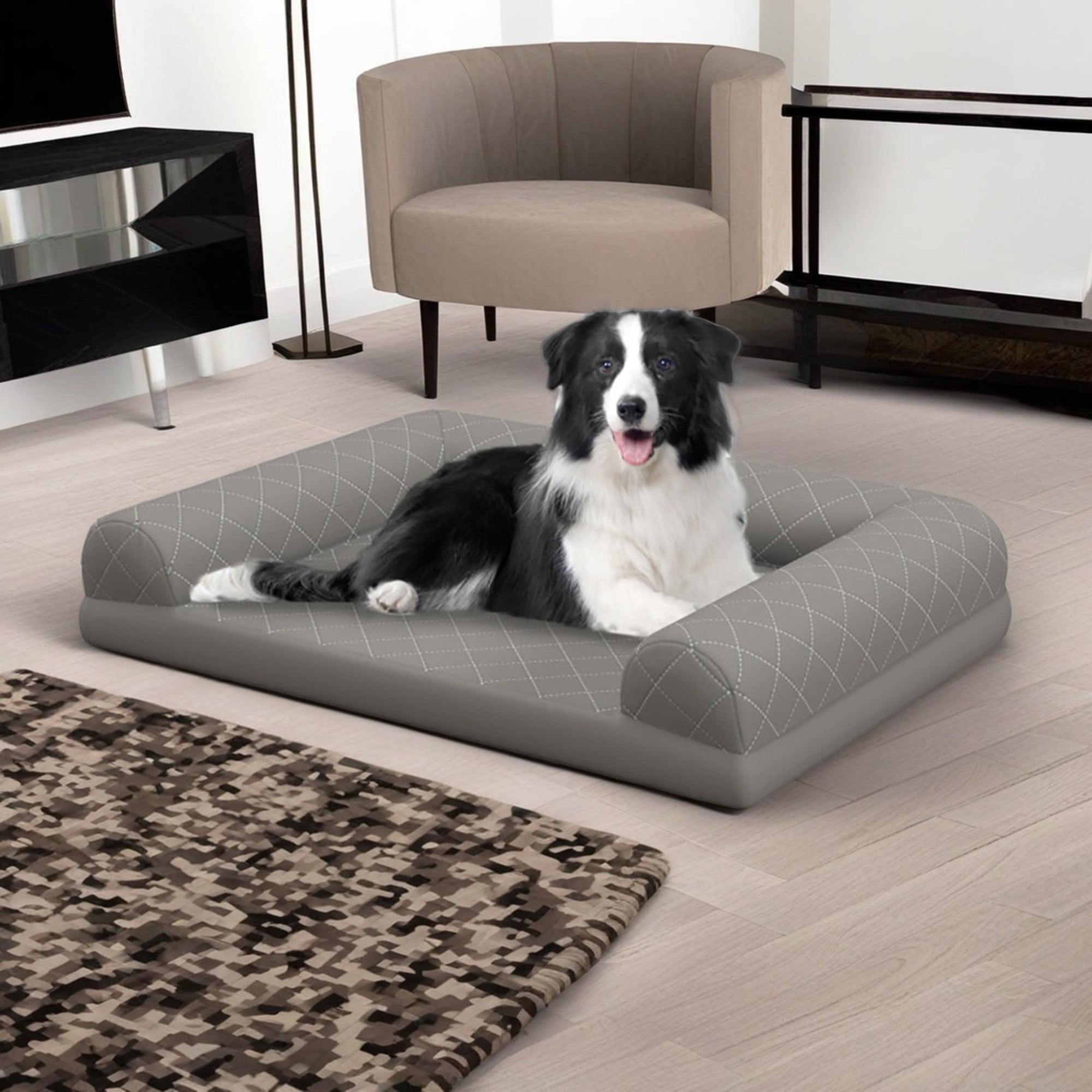 Pefilos 36" Pet Dog Crate Bed with 3-Side Bolster, Dog Bed Sofa Furniture, Cat Sofa Beds with Removable Washable Bed Cover, Gray