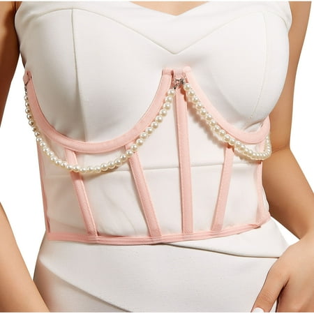 Generic Underbust Corset Belts for Women Lace Up Tie Back Bustier Sheer Mesh Cincher Waist Belt