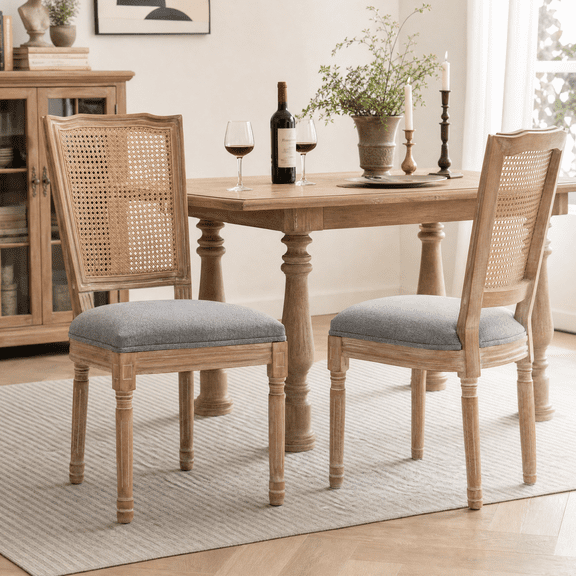 Farmhouse Solid Wood Dining Chairs with Rattan Tapered Backrest, Grey, Set of 2