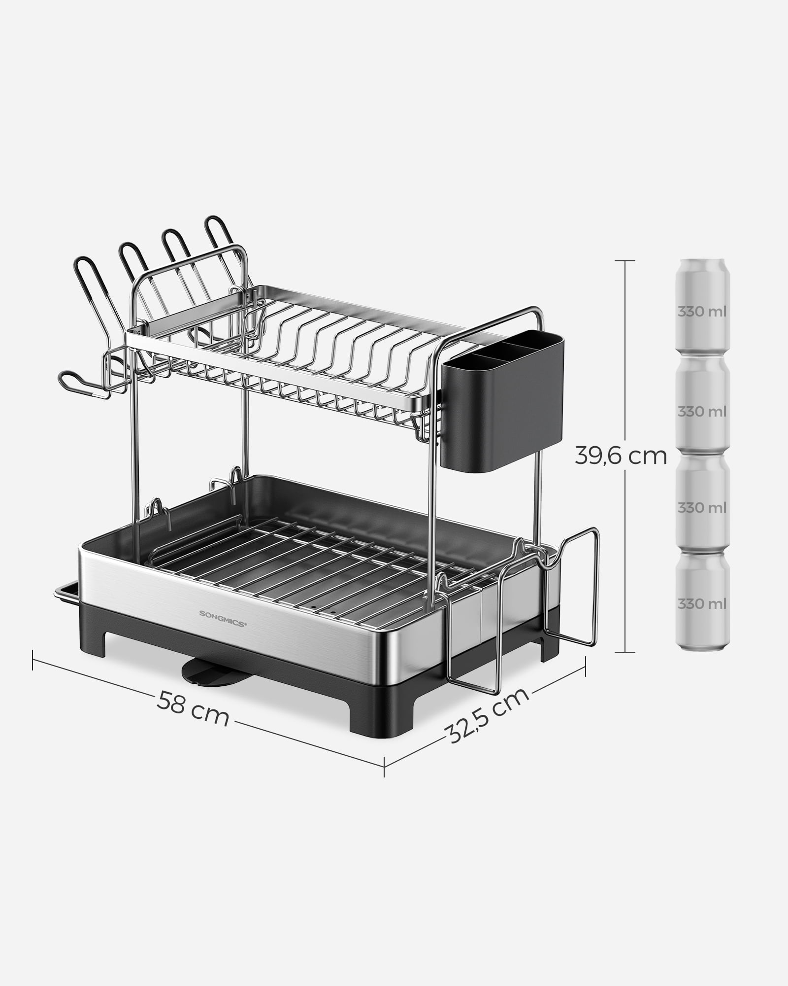 2 Tier Dish Drying Rack with Rotatable and Extendable Drain Spout, Dish Drainer, Black