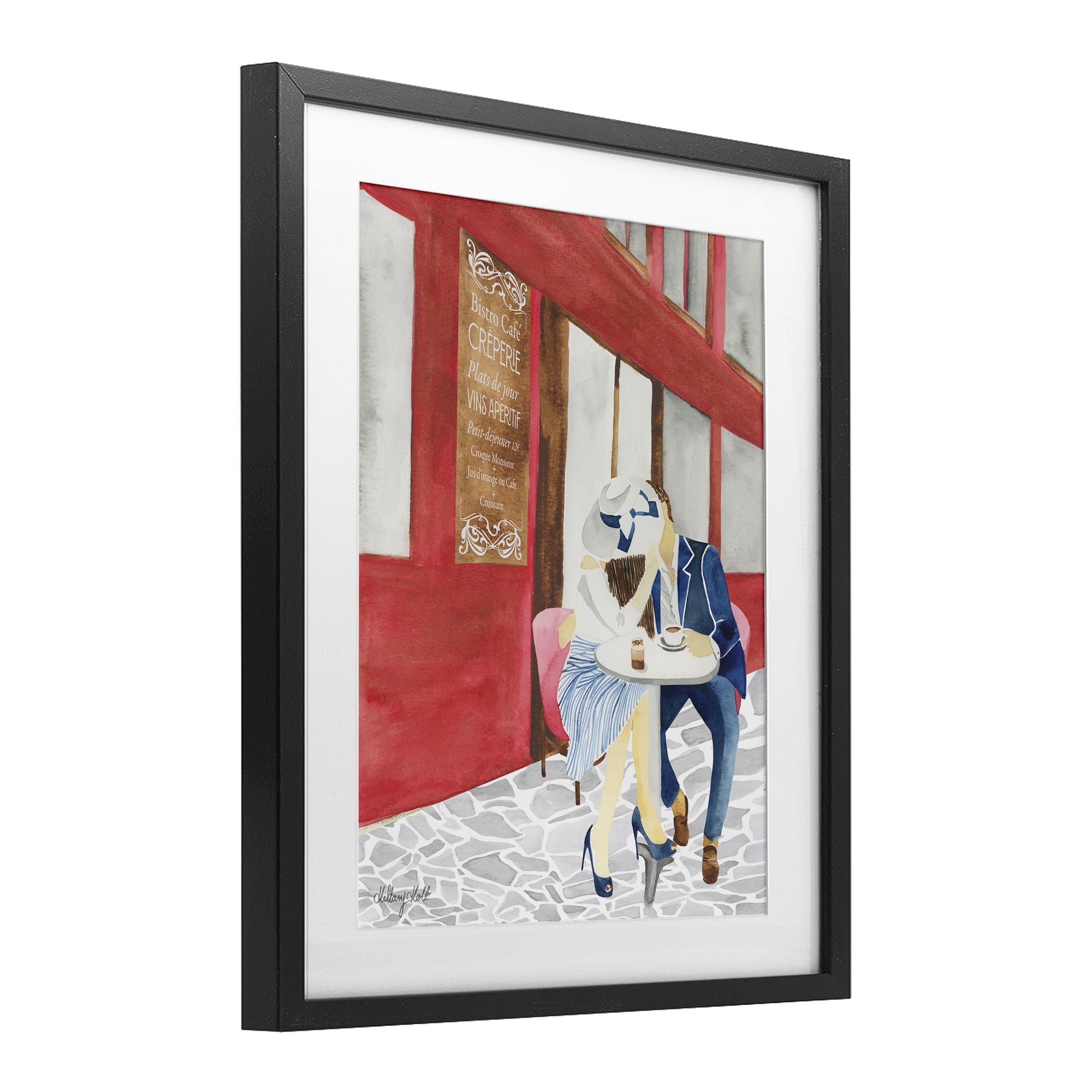 Stupell Industries Kiss At Parisian Cafe Black Framed Print Under Glass, design by Hillary Holt