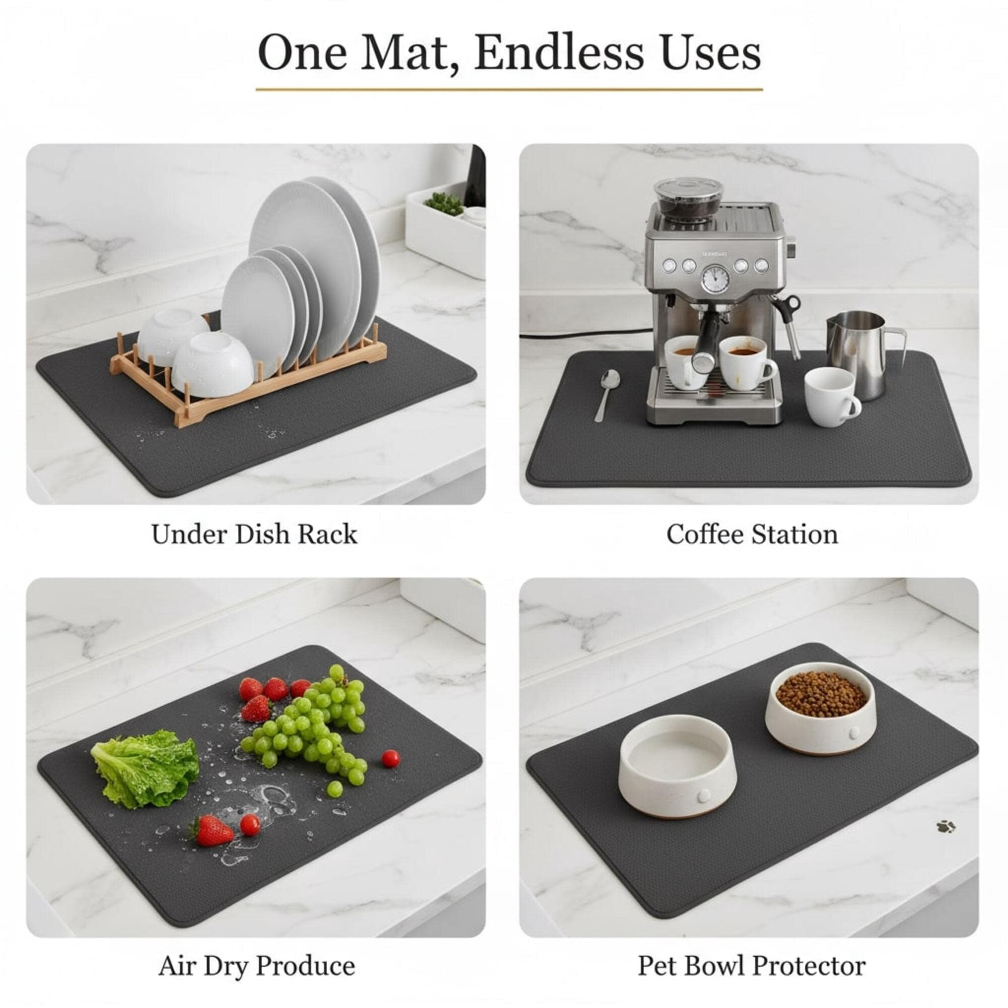 STRABELLA: Dish Drying Mat - 17x31", Dark Gray - Super Water Absorbent, Quick Dry Foam, Multi-Purpose, Kitchen Countertops, Non-Slip, Machine Washable
