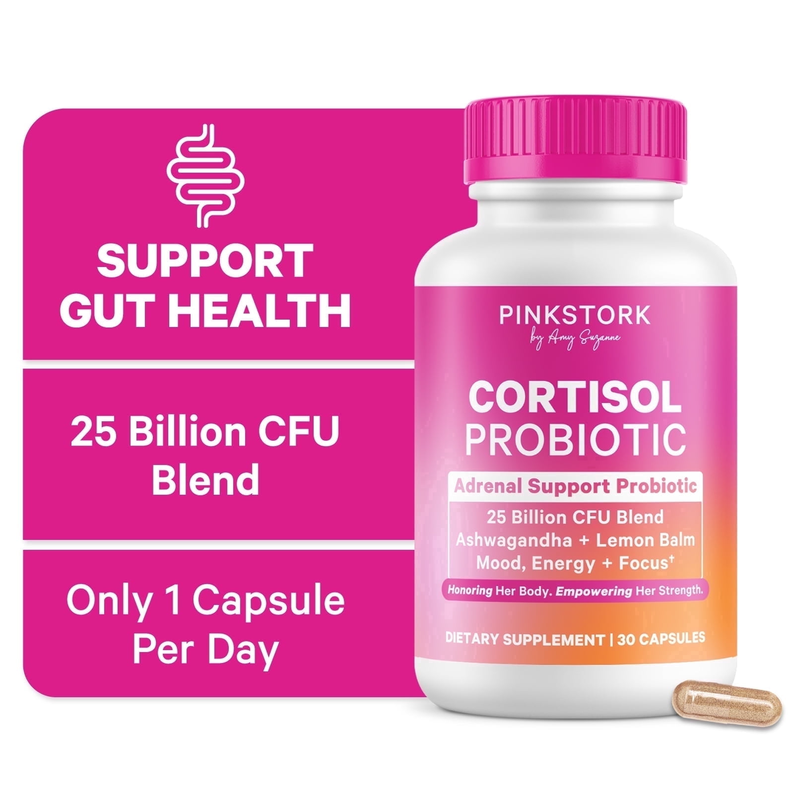 Pink Stork Cortisol Probiotic for Women – Mood and Adrenal Support Supplement – Ashwagandha, Lemon Balm, Chamomile, 25 Billion CFU – Gut Health, Energy, Focus – Lower Cortisol – 30 Capsules