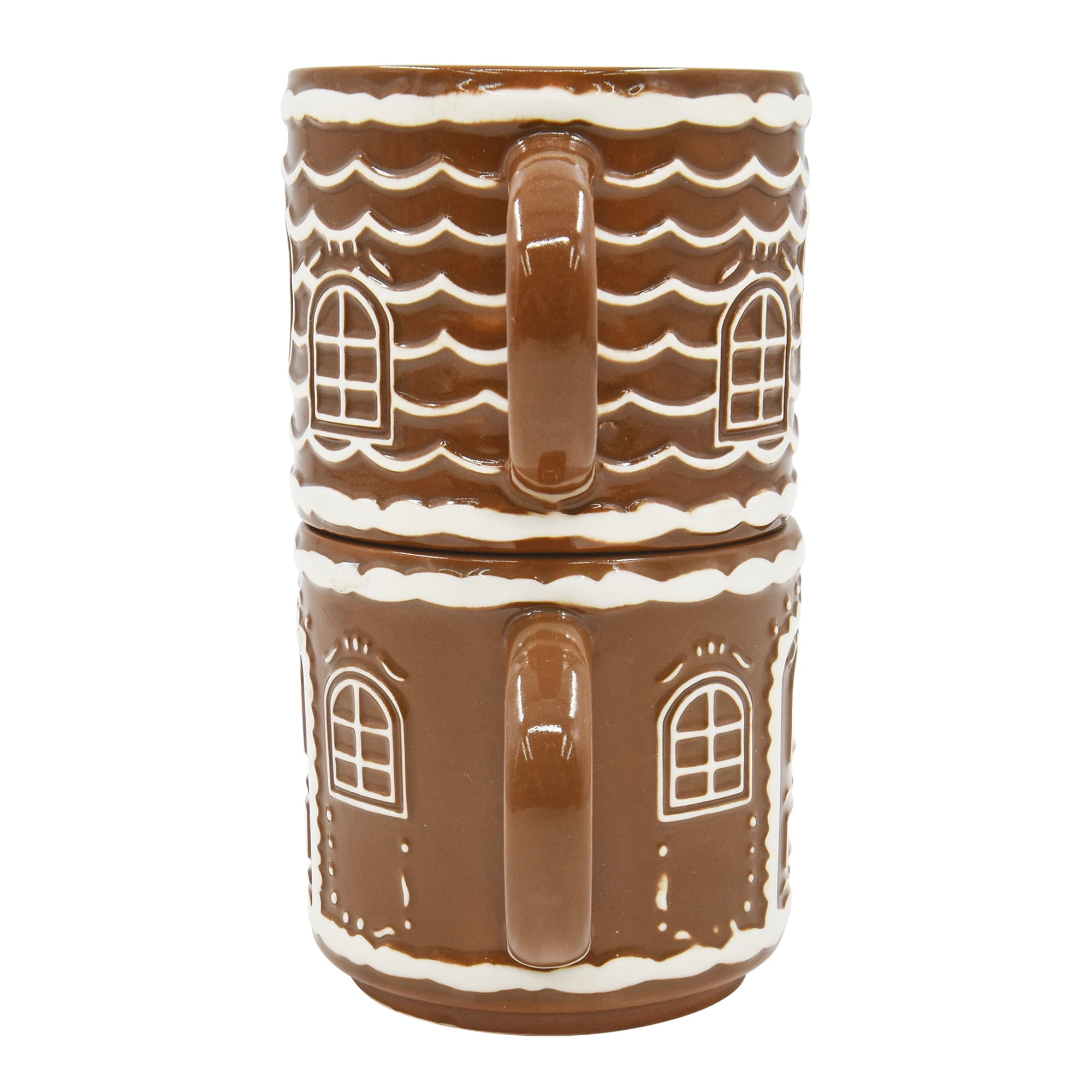 Holiday Time 2 pack Stoneware Gingerbread House Stackable Mug, Brown, Festive Drinkware