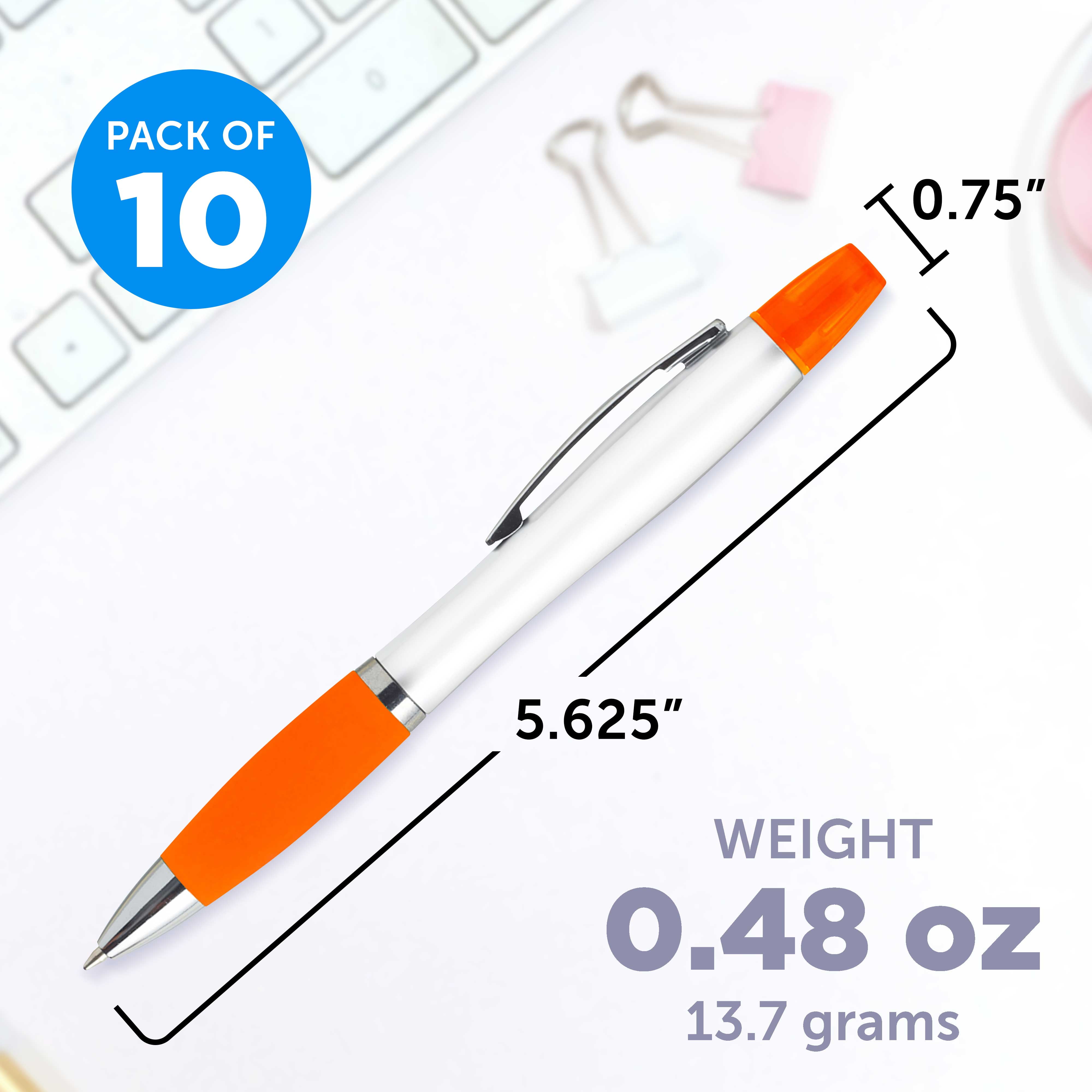 10 Plastic Highlighter Pens Pack - Rubber Grip, Black Ink - Orange