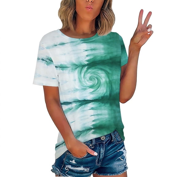 Lumosvexa Casual Short Shirt Sleeved Womens Graphic T-Shirt Top Crew Neck Tie Dyeing T Shirt Green Size 2XL