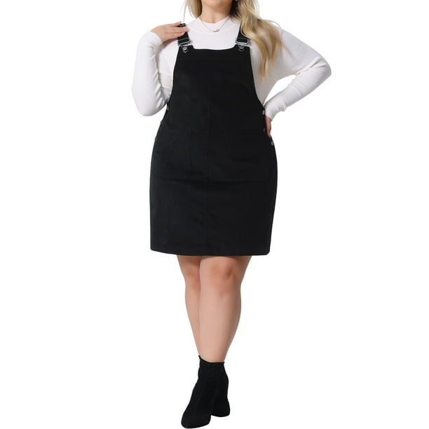 Falda con tirantes para mujer de tallas grandes GRACE & GRANDEUR, vestido de overoles de pana ajustable con bolsillos 1X negro