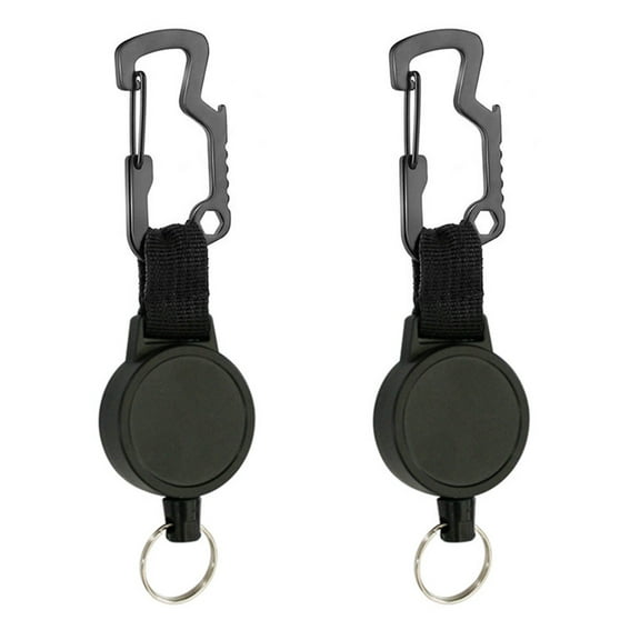 Set of 2 Retractable Keychain with Multifunctional Carabiner, 65cm Steel Cord, Black Plastic Material, Sturdy, Bottle Opener and Allen Wrench, Hangs on Belt Loops Purses Tents