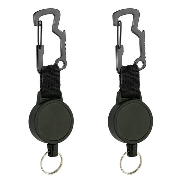 Llavero retráctil con mosquetón (paquete de 2) | Cordón de acero de 65 cm para llaves y herramientas | Incluye abrebotellas y llave hexagonal | Clip para cinturón para senderismo, camping y uso