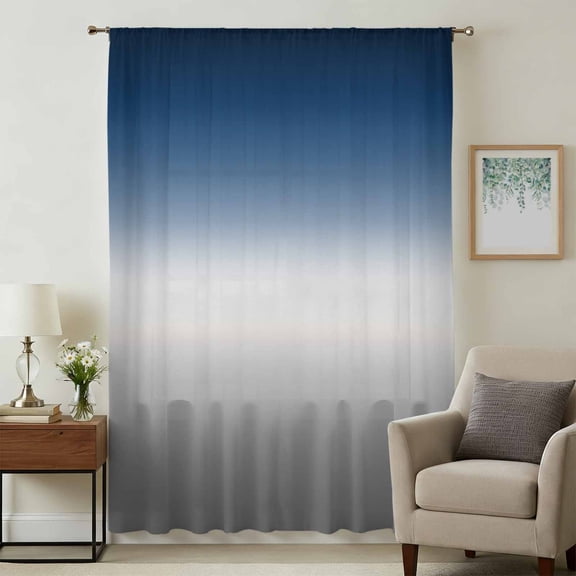 Navy Blue Gray Ombre Sheer Curtains 84 Inches Long, Modern Gradient Abstract Art Light Filering Curtains, Breathable Simi Curtain Privacy Drapes for Living Room Bedroom Lightweight Window Treatment