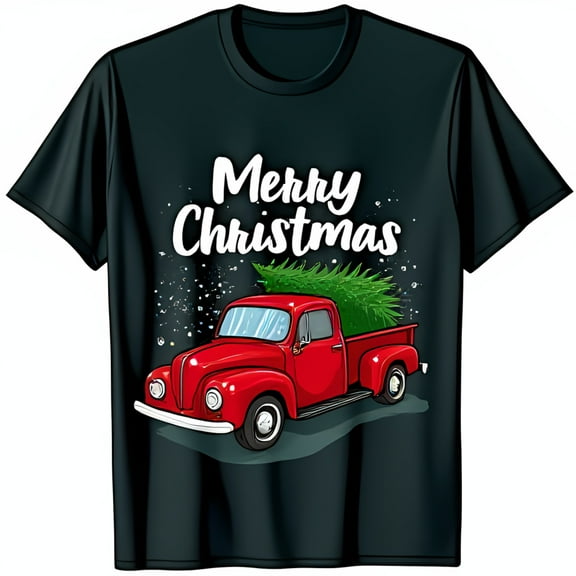 Festive Black T-Shirt with Retro Red Truck & Christmas Tree Graphic