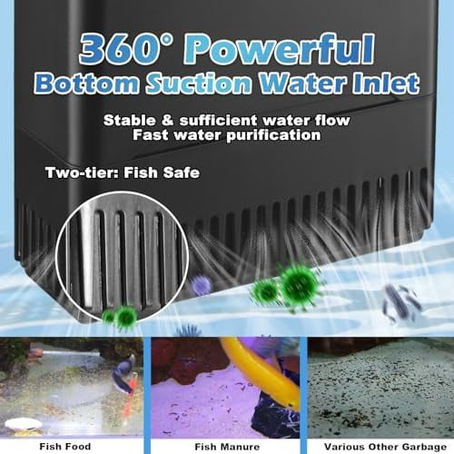 290GPH Turtle Tank Filter for 20-85 Gallon, Turtle Filter Low Water Level Available and Flow Adjustable, Turtle Water Filter for Shrimps Amphibians Turtle Tank Saltwater Freshwater Crystal Clear