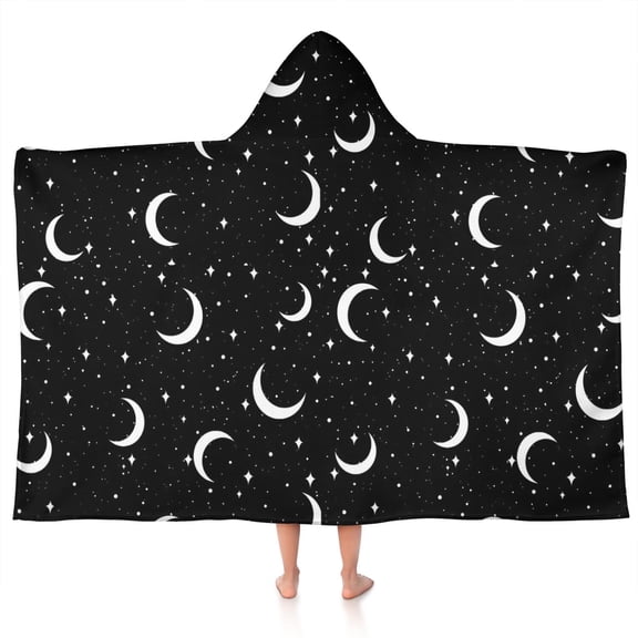Black Moon Star Pattern Hooded Bath Towel，50"x30" for Ages 3 To 12 Kids, Quick Dry Lightweight Soft Microfiber Hood Beach Towel Cover Up for Kids