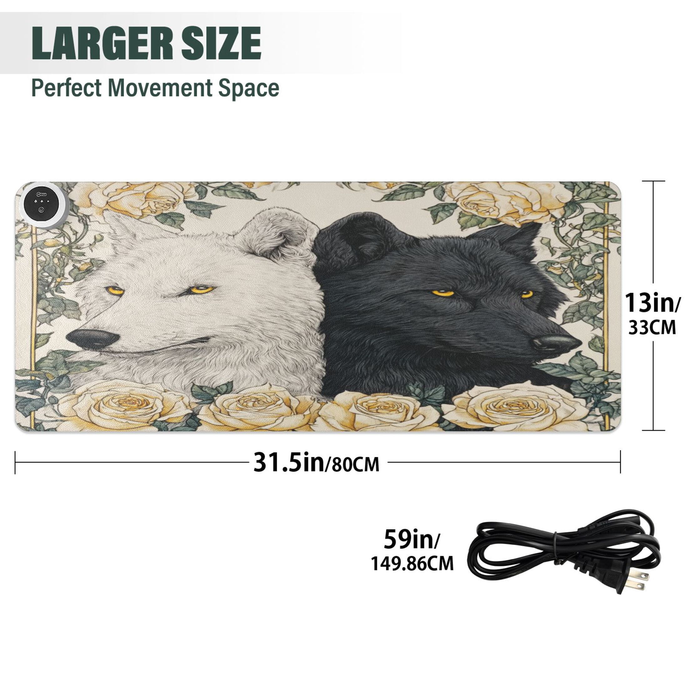 Large Heated Desk Mat Mouse Pad 31.5"x13"PU Leather Graphene Heating Desk Warmer with 3 Temperature Settings 110V US Plug Non-Slip Warm Pad for Home, Office, and Gaming Two Black and White Wolves