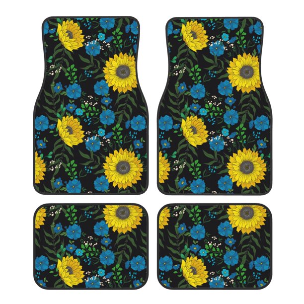 Fotbe Sunflowers And Blue Flower Juego de 4 Tapetes para Auto con Estampado – Alfombrillas de Goma Reforzada, Diseño Antideslizante, Protección para Todo el Año – Vehículos, Autos, Camionetas y SUVs