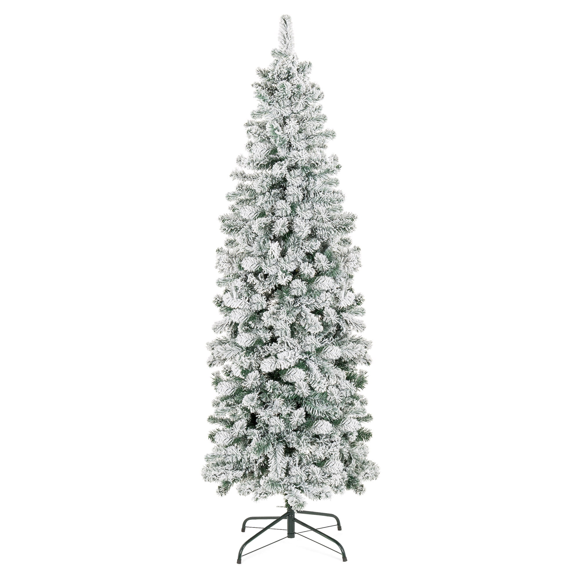 Best Choice Products 7.5ft Snow Flocked Artificial Pencil Christmas Tree Holiday Decoration w/ Metal Stand