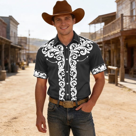 Mens Shirts Western Cowboy Print Short Sleeve Button Down Top Casual Camp Classic Comfortable Shirt for Men Black L