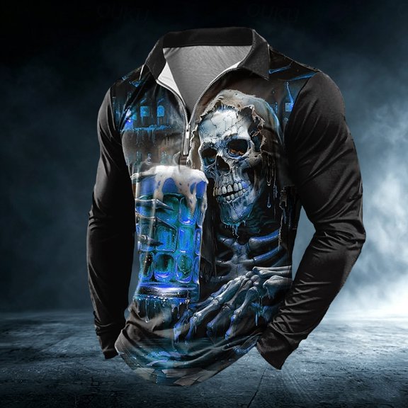 Halloween Top for Men Shirts with Graphic Skeleton Tee Long Sleeve 3D Designer Casual Outdoor Daily Sports Fall Lapel Collar Zipper Shirt for Everyday wear Blue XXL