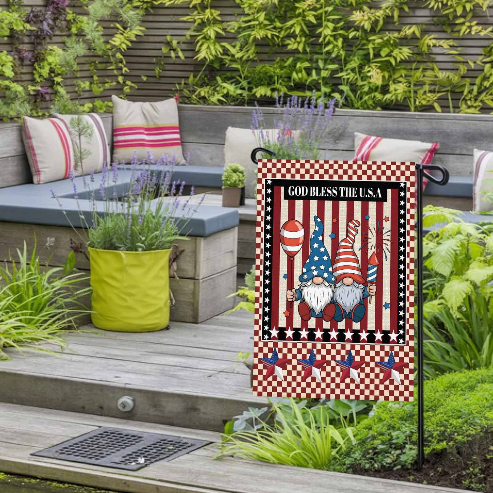 4th of July Garden Flags Patriotic Stars Stripes Garden Flag Double Sided Welcome Flag Gnomes God Bless USA Independence Day Yard Flags for Outdoor Lawn Porch Memorial Day Holiday Decor 28x40 Inch