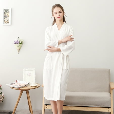 Couple Bath Robes Practical Night-robe Men Women Robe Waffle Weave Bathrobe Robes for Spring and Summer, White,