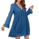 thumbnail image 1 of Vestido de mujer de una pieza de encaje con cuello en V, manga larga, color puro con bolsillos para oficina en casa, azul oscuro XL, 1 of 5