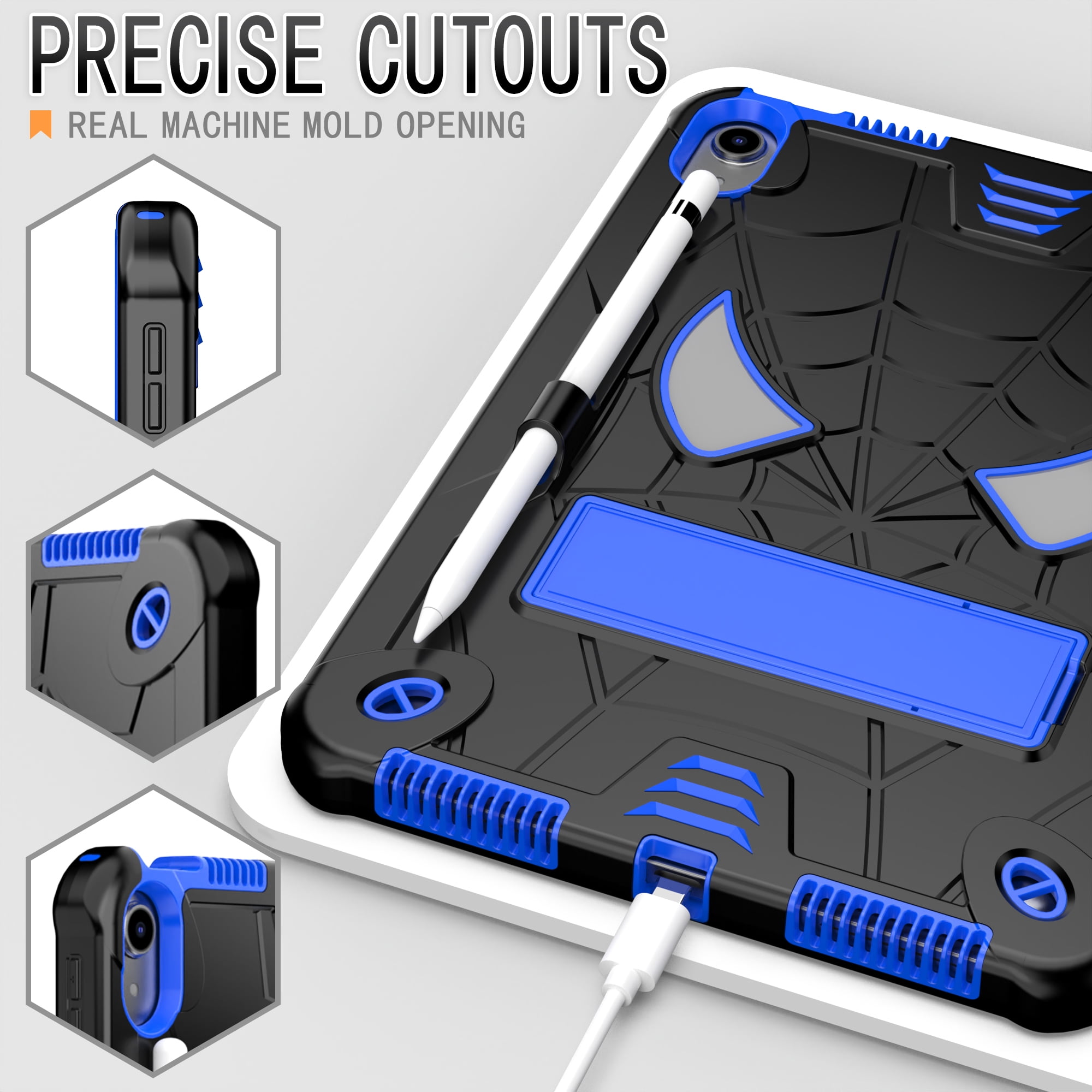 Rugged Shockproof Protective Case for Apple iPad A16 11th Gen 11" 2025 & iPad 10th Gen 10.9" - Heavy Duty 3-Layer Armor, Built-in Kickstand, Shoulder Strap, Pencil Holder, Shock Absorption,Black+Blue