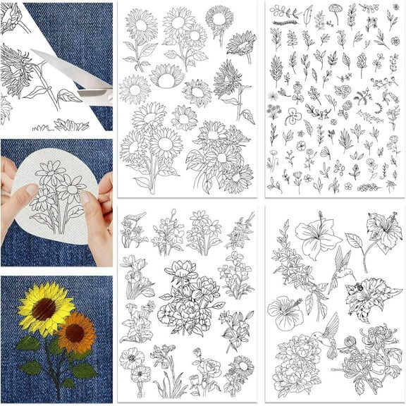 4 Sheets Water Soluble Embroidery Stabilizers 11.69x8.27 Inches Stick and Stitch Embroidery Paper with Pre-Printed Sunflower Leaves Bird Pattern for Hand Sewing Lover Beginners