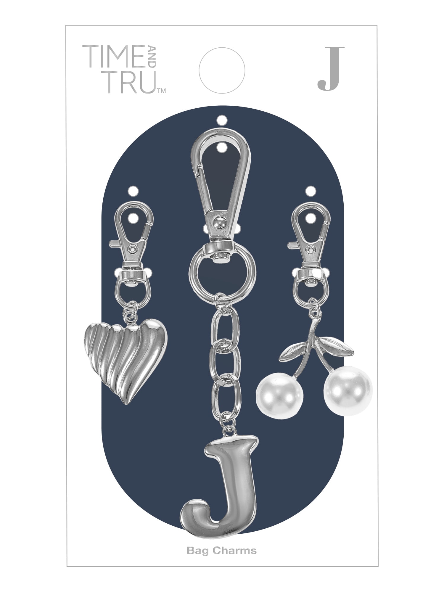 Time and Tru Silvertone Initial Letter Bag Charm Set, 3 Pieces, Letter J
