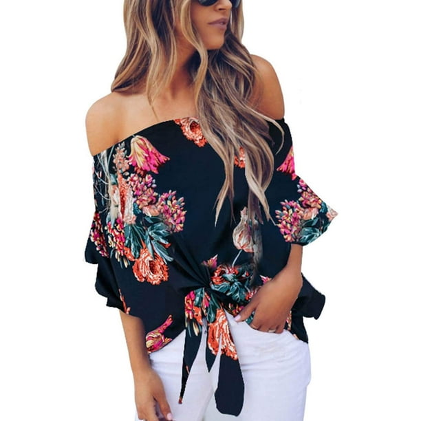 Sexy Tops sin Espalda con Nudo de la Cintura Blusa de Verano para Mujer A-Azul M A-Azul M Xishao ropa
