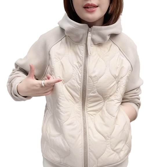 Quixlent Women's Puffer Jacket Lightweight Zip Up Long Sleeve Hooded Jacket Patchwork Quilted Down Coat Winter Warm Outerwear