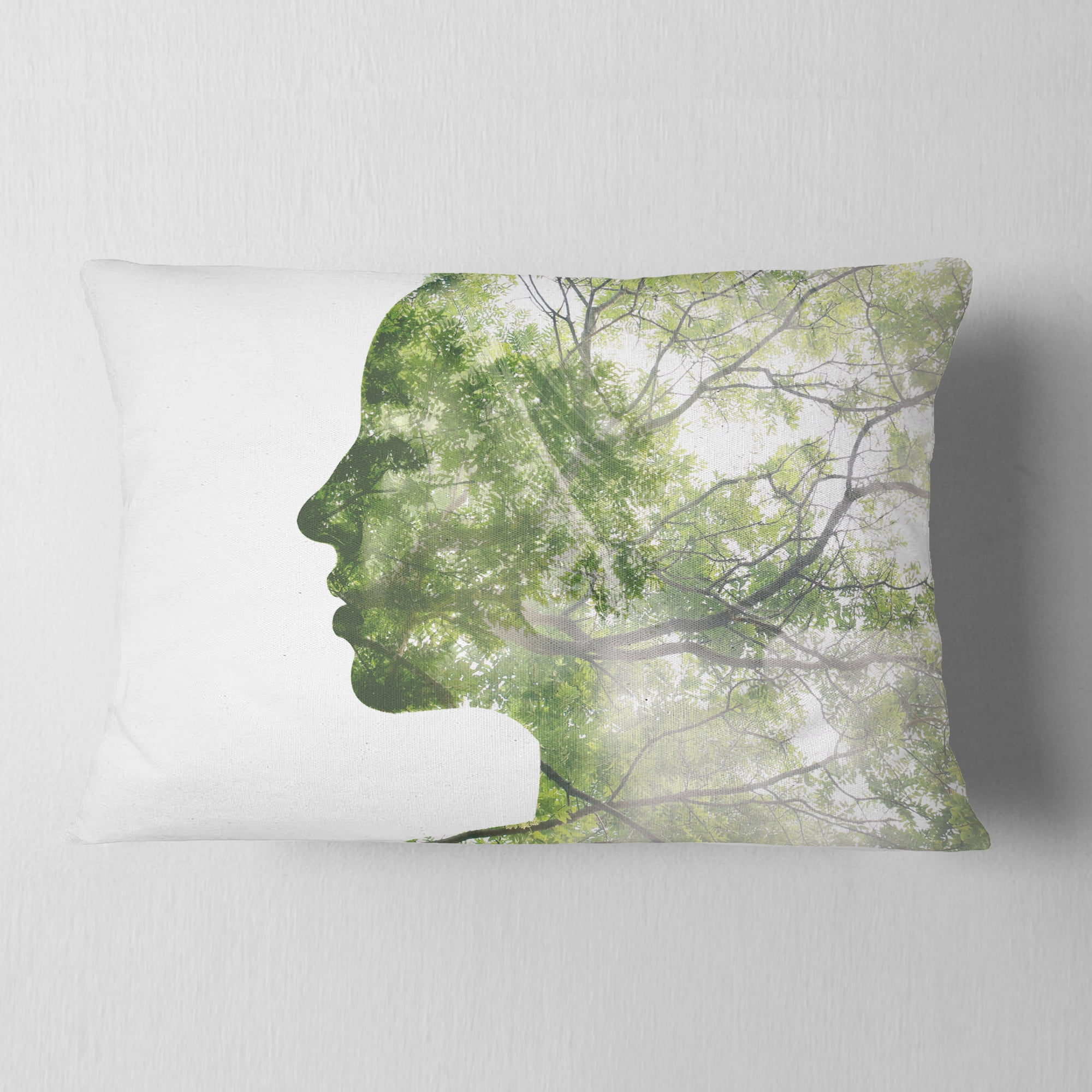 Designart Lady Combined With Green Tree - Portrait Throw Pillow - 12x20