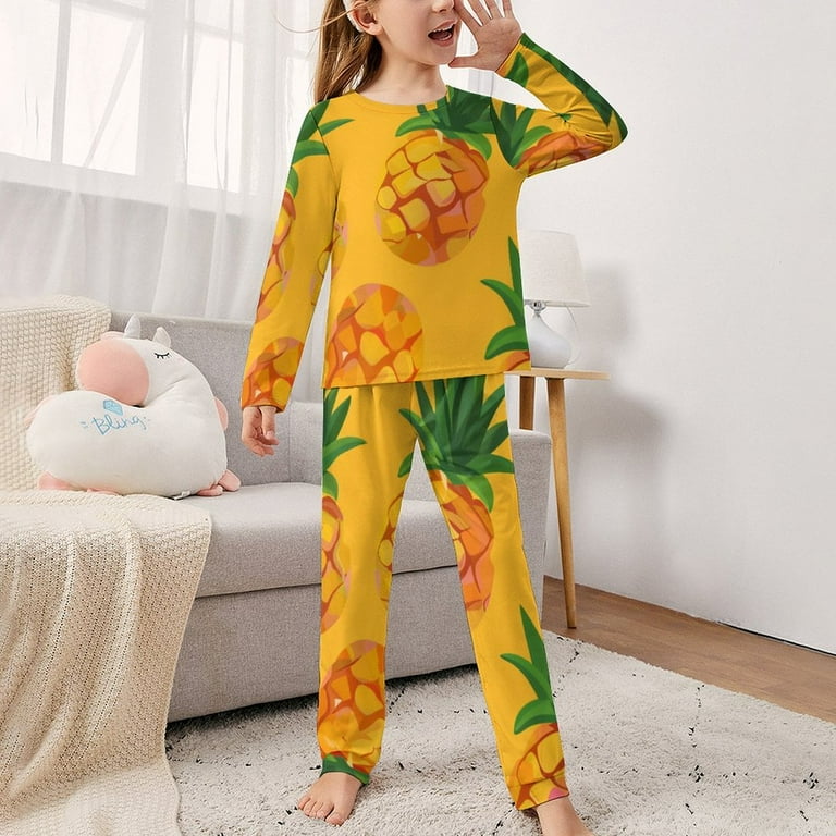 ZZZHY Juicy Pineapple Motifs 80 Print Girls Pajamas Set Kids Long Sleeve Pjs with Pants Tops Tween Slumber Party Sleepwear Walmart
